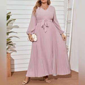 Plus Lantern Sleeve Pleated Hem Belted Dress